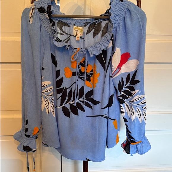 Fig and Flower Blue Floral Boho Blouse Medium | Peasant Top Cottagecore - Picture 3 of 7